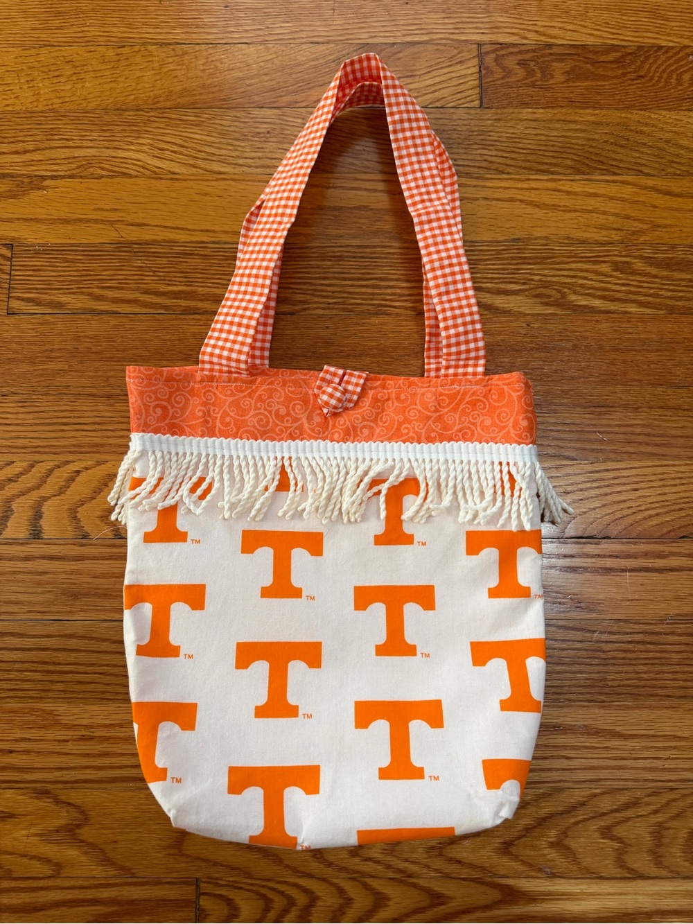 University T Logo Orange Canvas Fringe Tote Bag